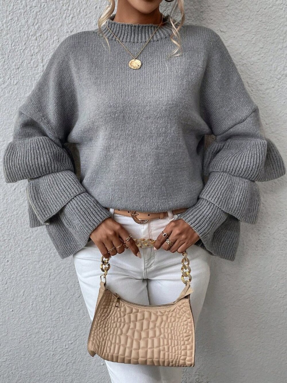 Women's Mock Neck Layer Sleeve Ruffle Trim Sweater - Picture 5 of 6